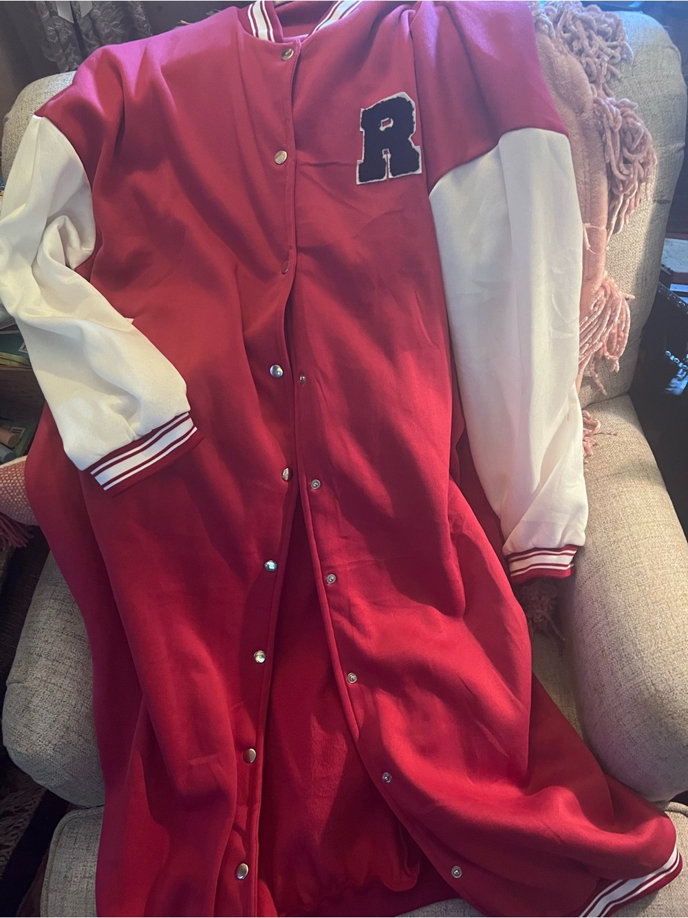 SHEIN Red and White Long Varsity Jacket